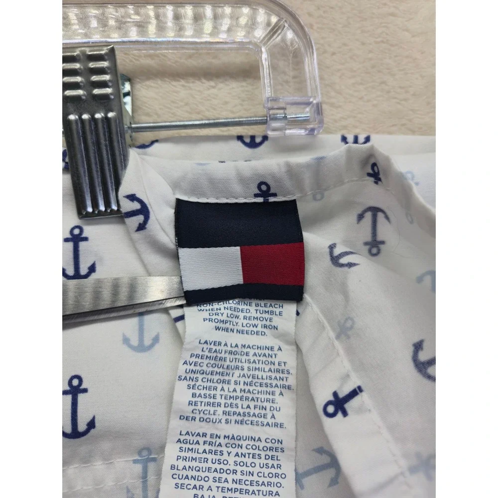 Tommy Hilfiger Queen Size Flat Bed Sheet White Blue Anchor Print